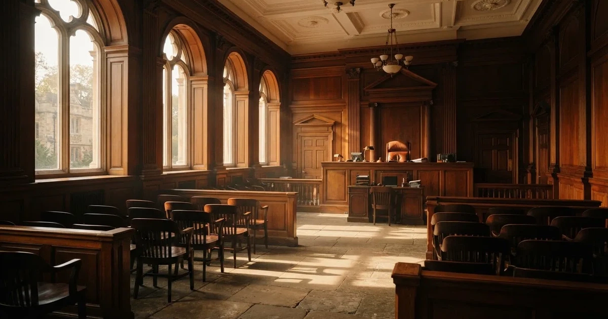 Sala de tribunal vazia com painéis de madeira, à luz da manhã — cassino seguro em portugal