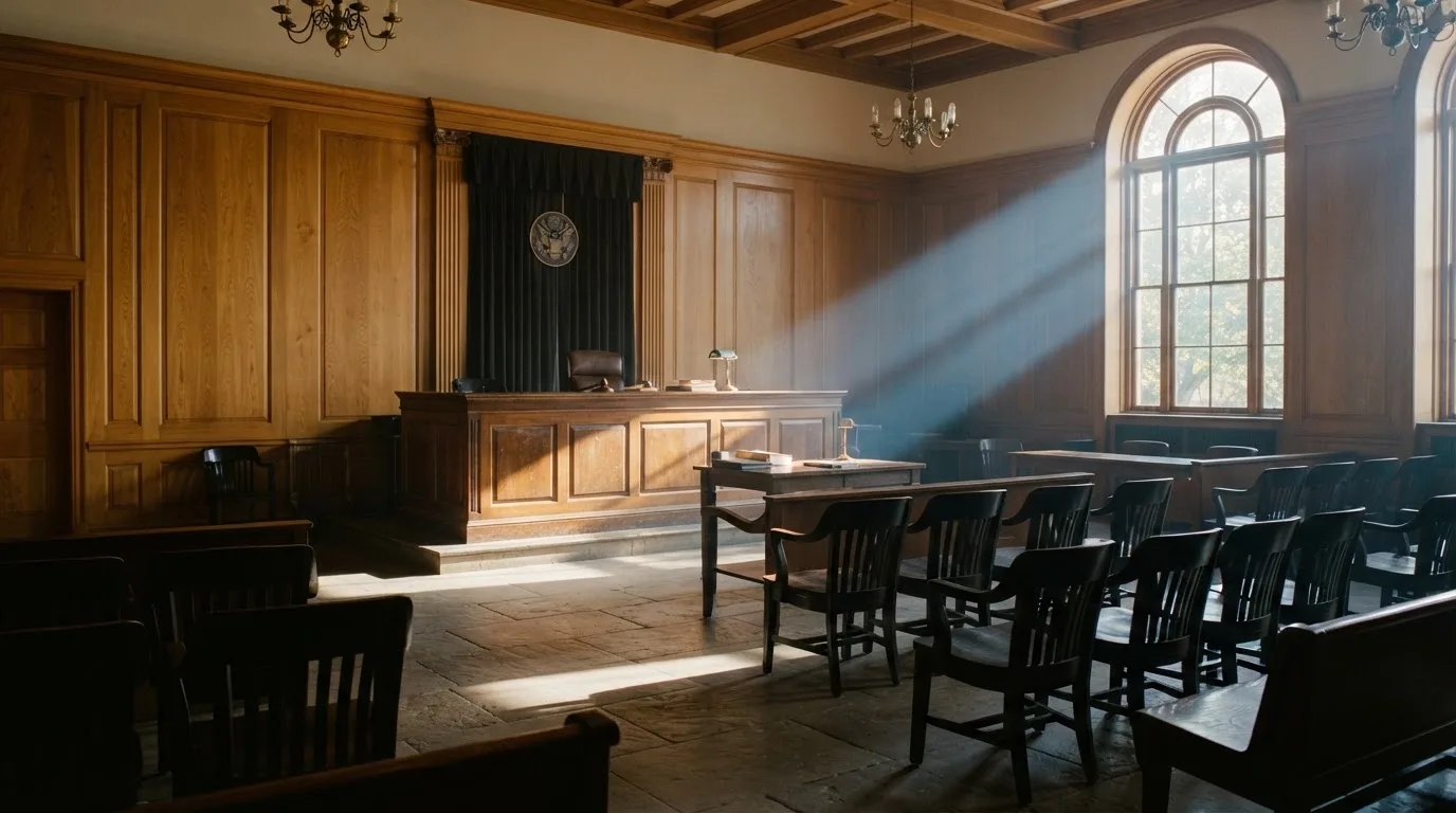 Sala de tribunal vazia com painéis de madeira, à luz da manhã — cassino sem depósito em portugal
