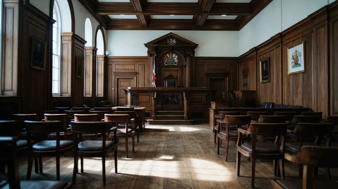 Sala de tribunal vazia com painéis de madeira, à luz da manhã — cassino sem verificação em portugal