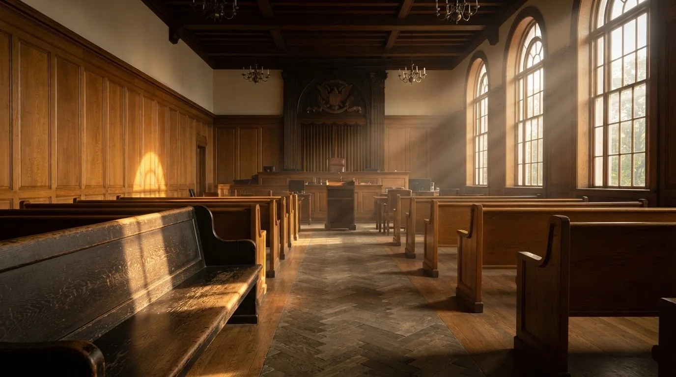 Sala de tribunal vazia com painéis de madeira, à luz da manhã — cassinos ao vivo em portugal