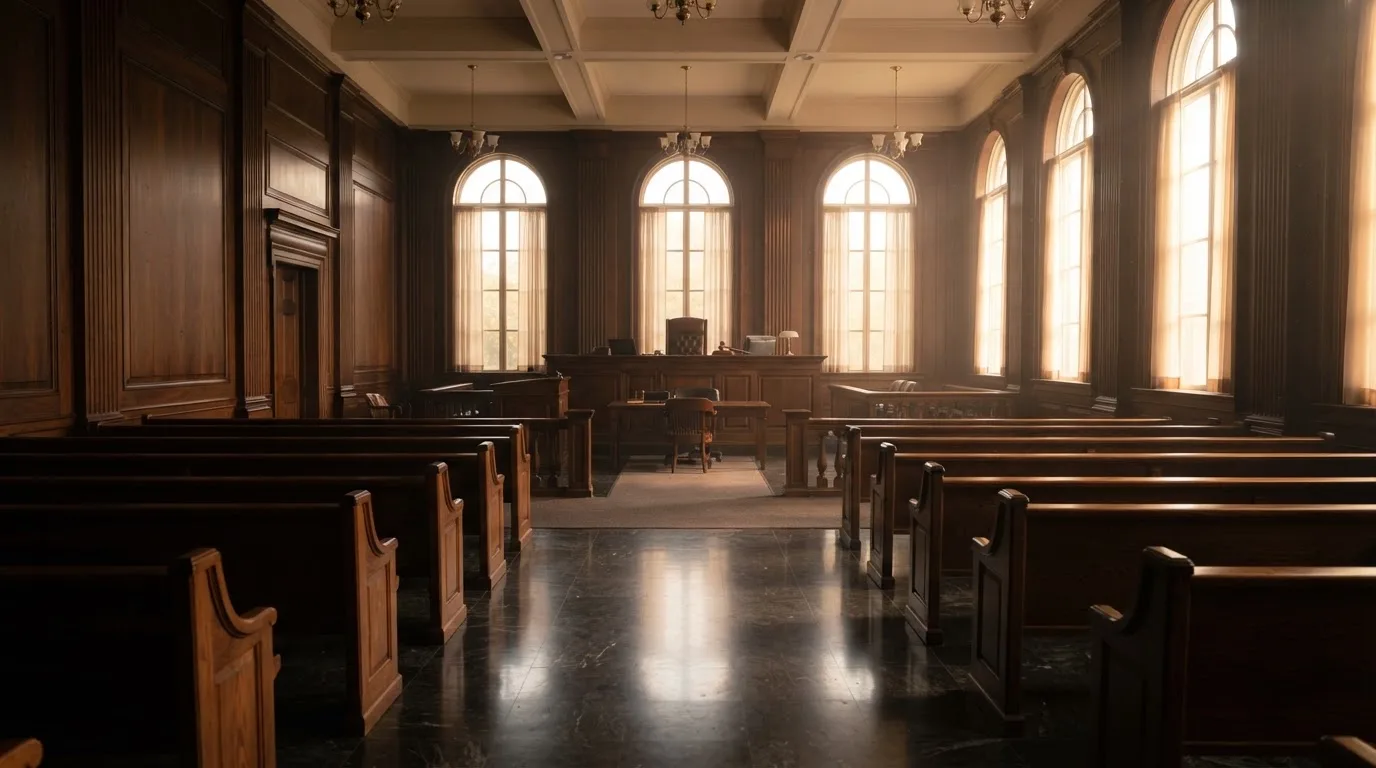 Sala de tribunal vazia com painéis de madeira, à luz da manhã — cassinos de criptomoedas pt