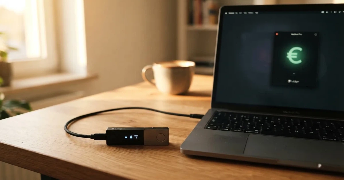 Carteira de hardware e computador portátil numa secretária, com luz suave — cassinos de criptomoedas pt