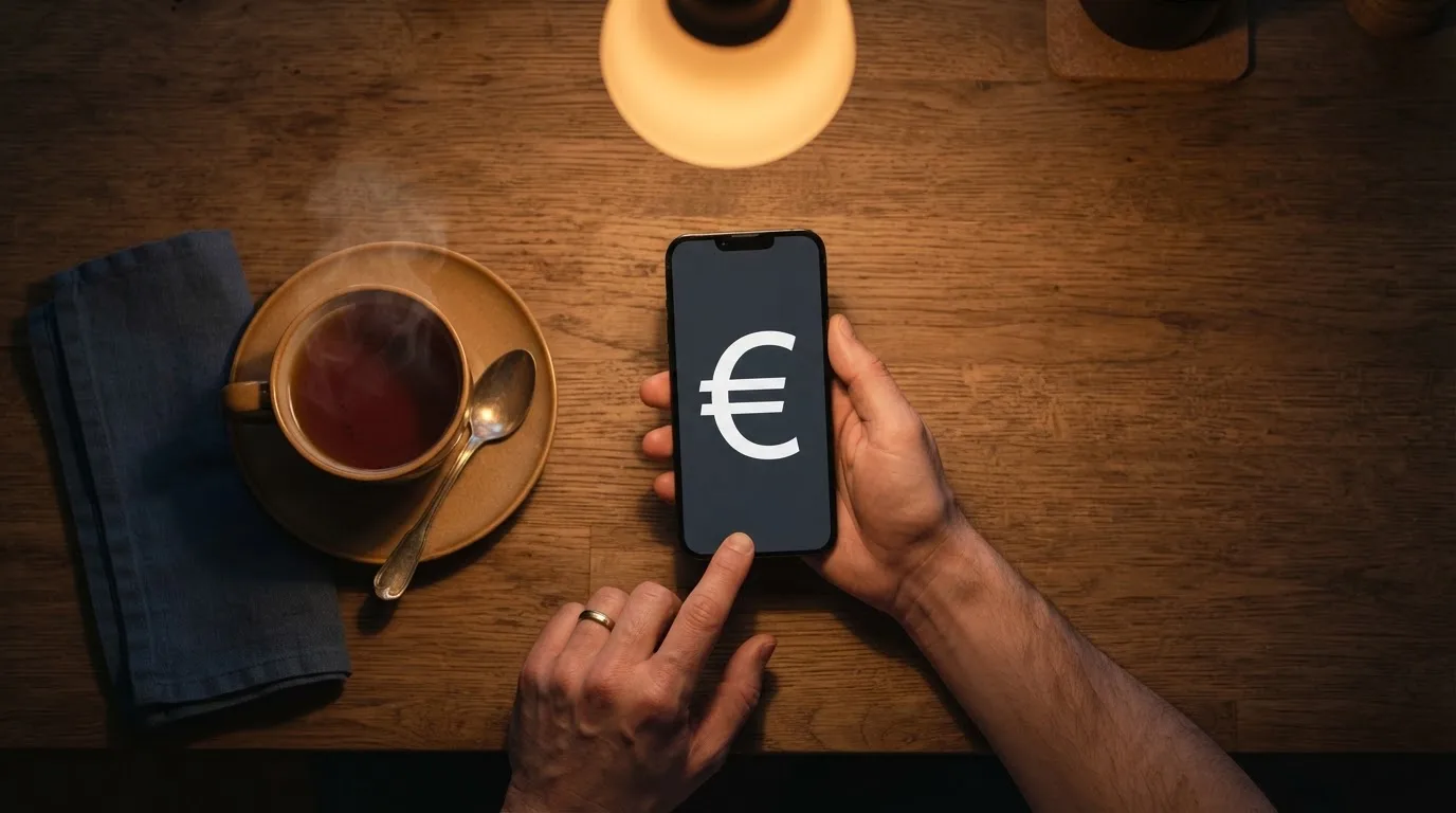 Mão a segurar um telemóvel ao lado de uma chávena de chá numa mesa de cozinha, numa noite tranquila — cassinos online em portugal