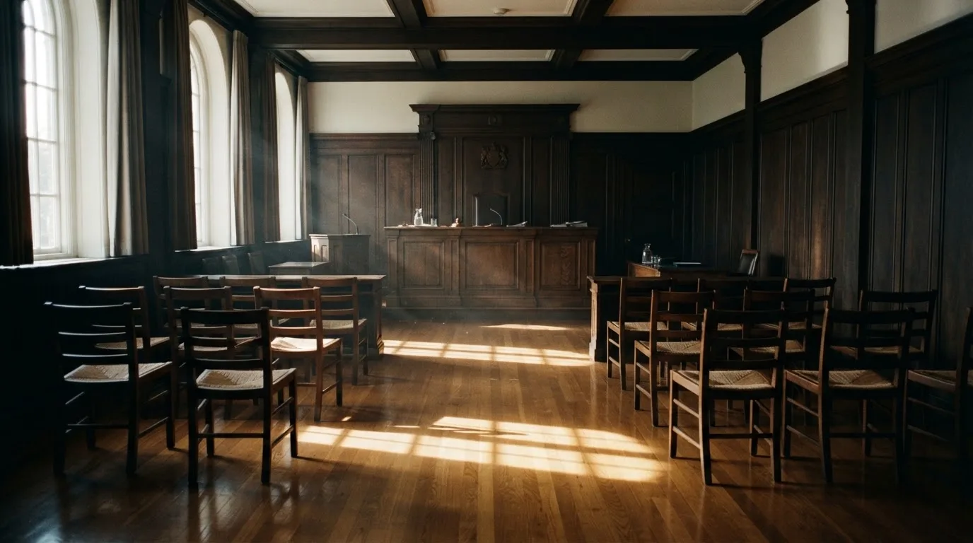 Sala de tribunal vazia com painéis de madeira, à luz da manhã — cassinos online em portugal