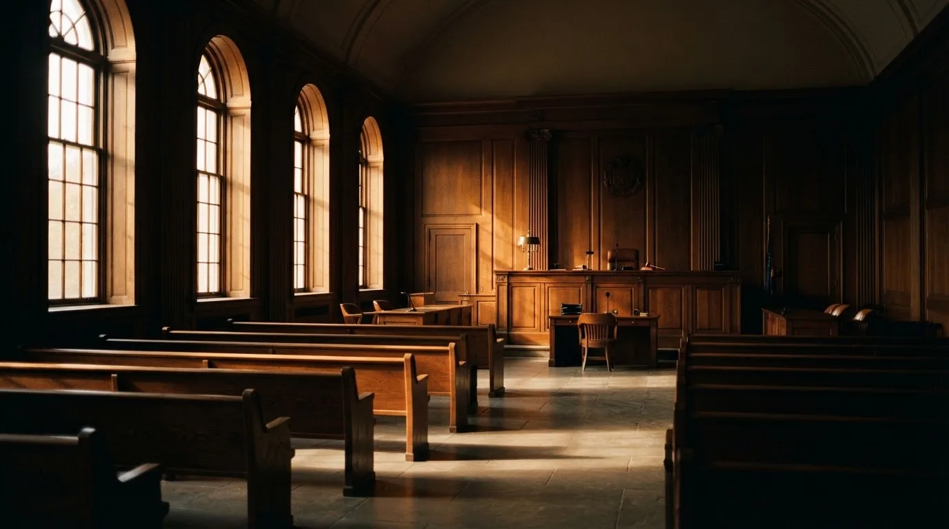 Sala de tribunal vazia com painéis de madeira, à luz da manhã — cassinos sem kyc em portugal