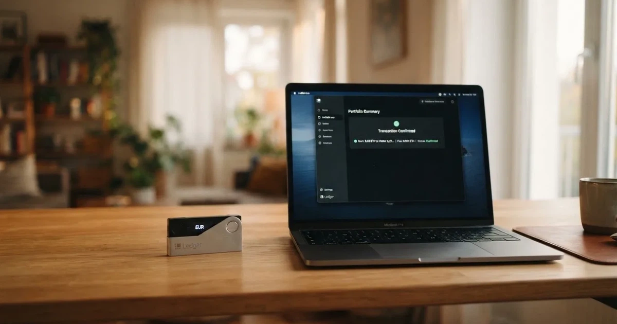 Carteira de hardware e computador portátil numa secretária, com luz suave — cassinos sem kyc em portugal