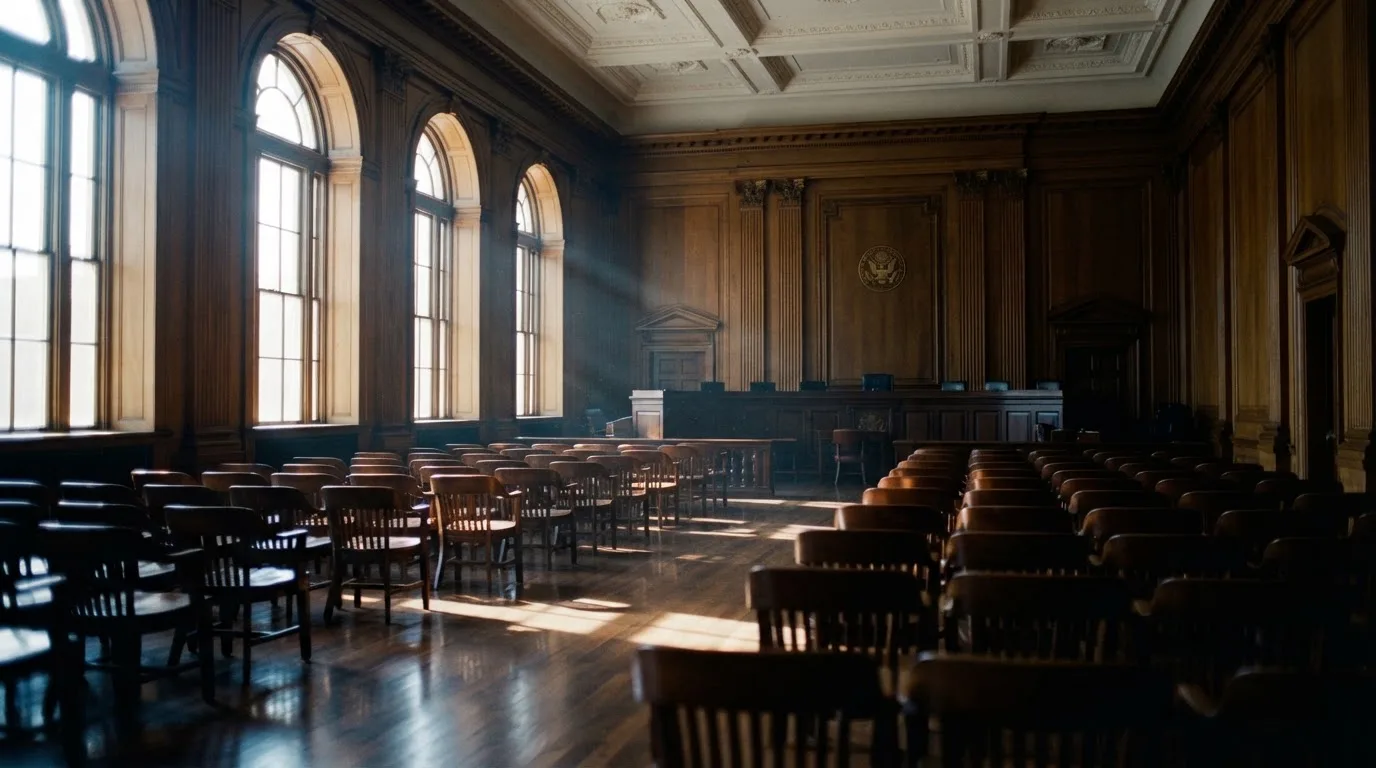 Sala de tribunal vazia com painéis de madeira, à luz da manhã — como jogar em casino pt
