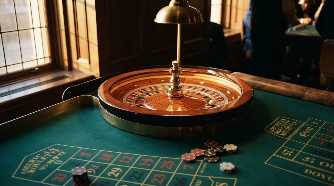 Roda de roleta e fichas sobre feltro verde, sob uma luz quente de fim de tarde — como jogar em casino pt