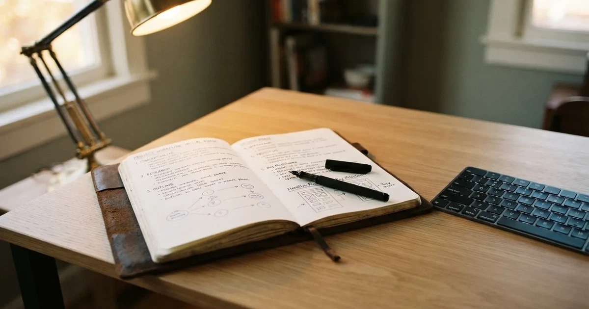 Caderno com um esboço passo a passo ao lado de um teclado — como jogar em casino pt