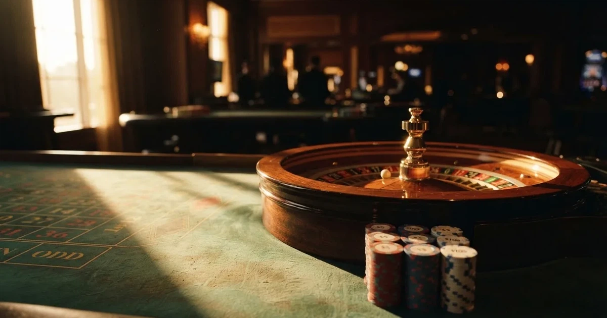 Roda de roleta e fichas sobre feltro verde, sob uma luz quente de fim de tarde — estoril casino em portugal