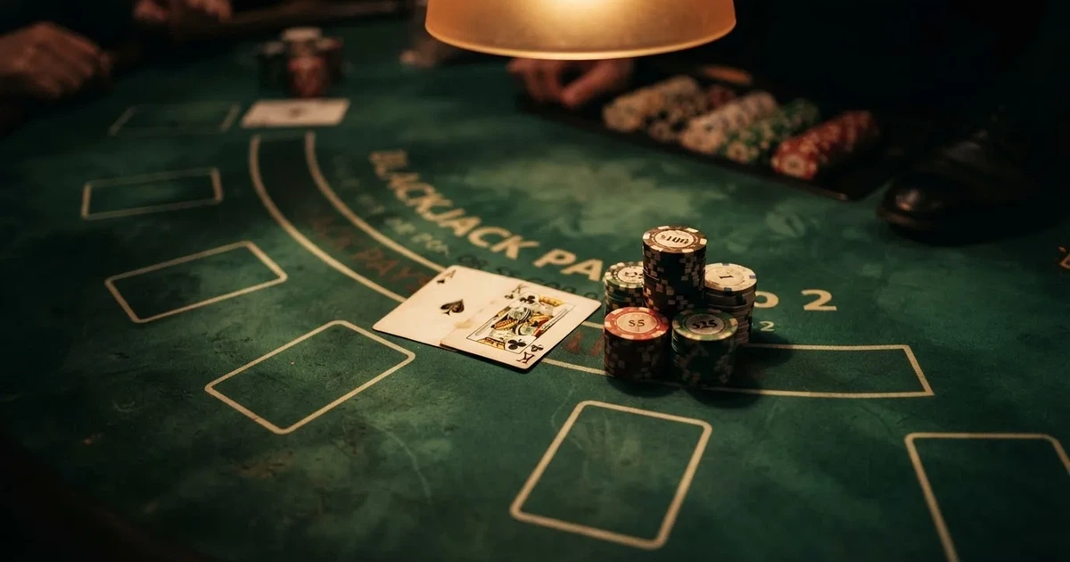 Mesa de jogo iluminada com cartas, vista de cima — estratégia de blackjack para portugueses