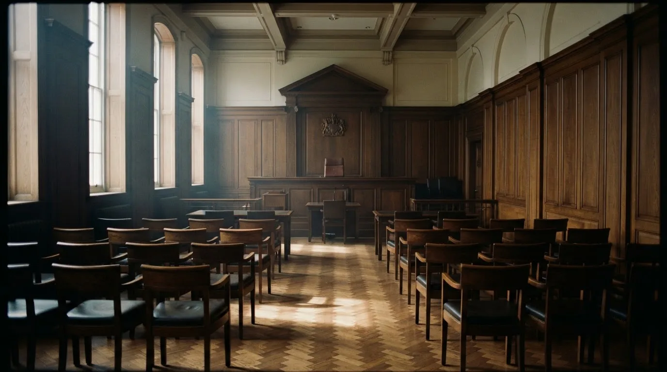 Sala de tribunal vazia com painéis de madeira, à luz da manhã — estratégia de roleta para portugueses