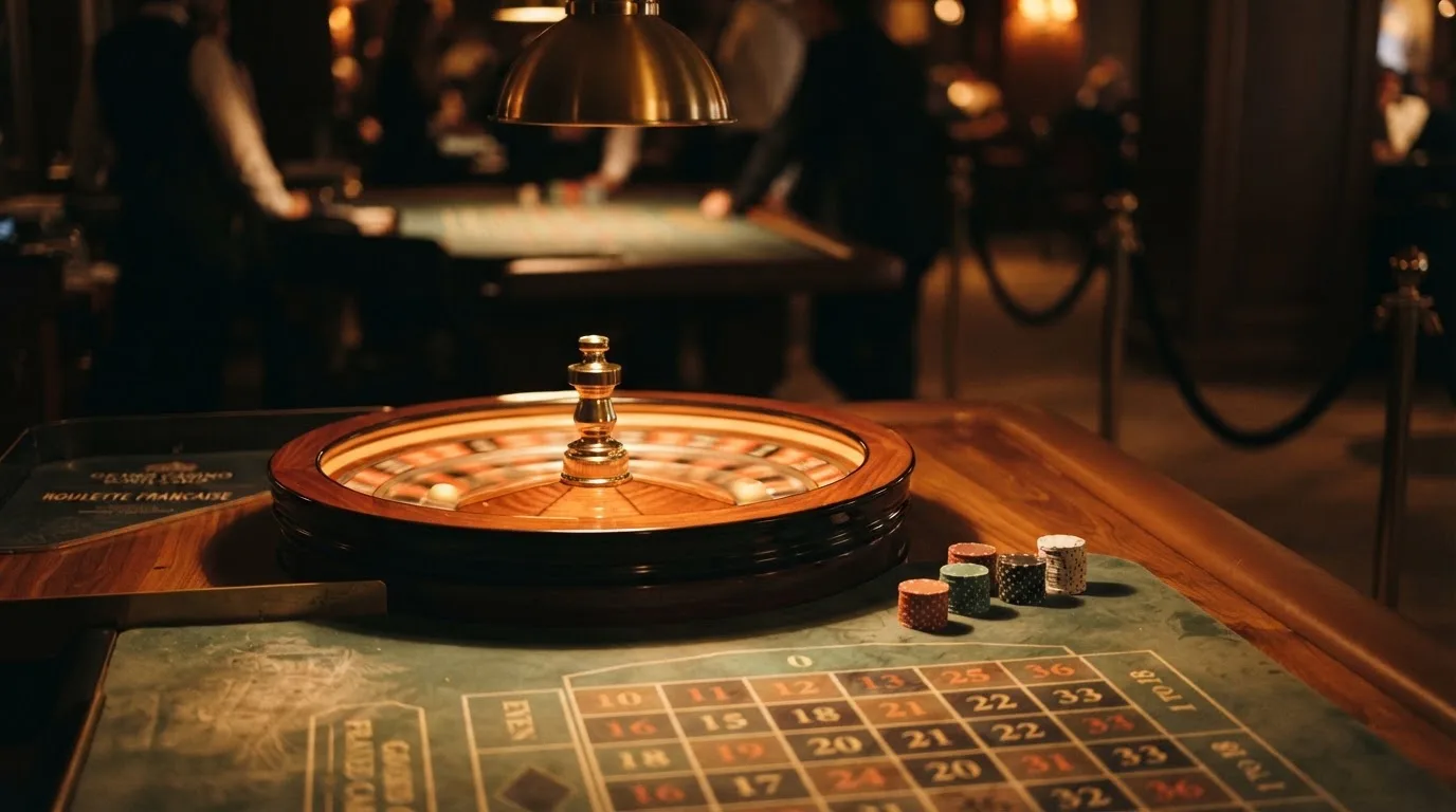 Roda de roleta e fichas sobre feltro verde, sob uma luz quente de fim de tarde — guias de casino para os portugueses