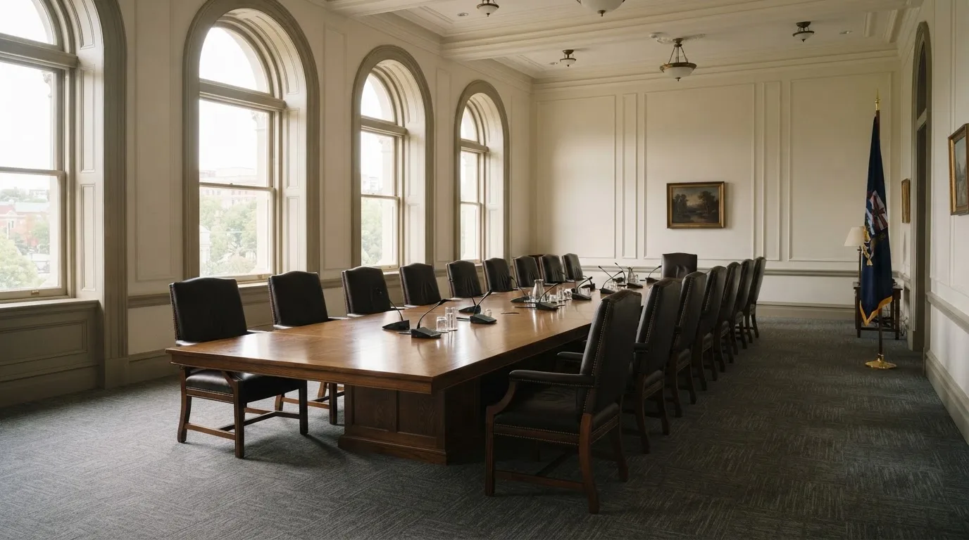Sala de reuniões de um organismo público com mesa comprida, cadeiras alinhadas e janelas altas, sem pessoas, luz de manhã.