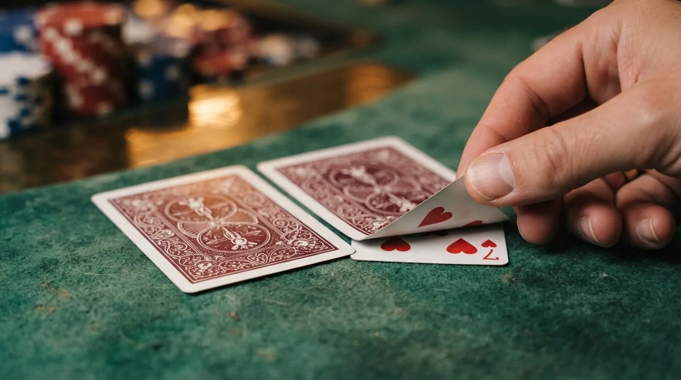 Mãos a espreitar duas cartas viradas para baixo numa mesa de feltro verde, com pilhas de fichas desfocadas ao lado.