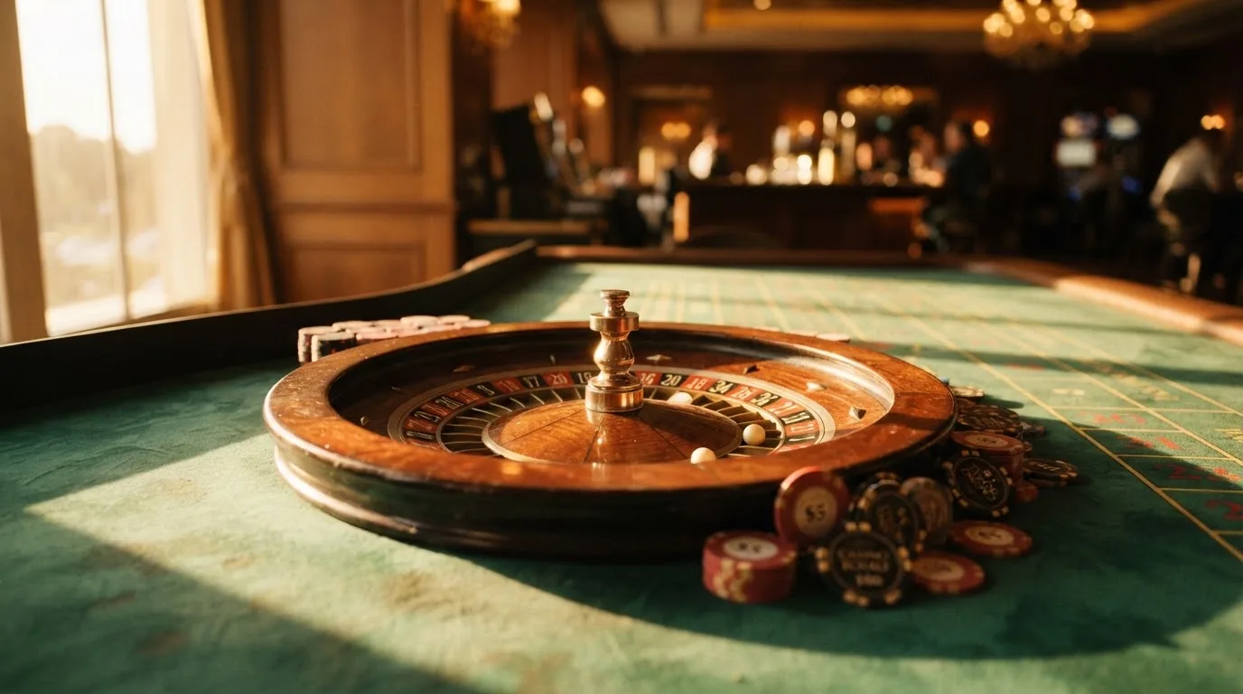Roda de roleta e fichas sobre feltro verde, sob uma luz quente de fim de tarde — jogar no casino em portugal