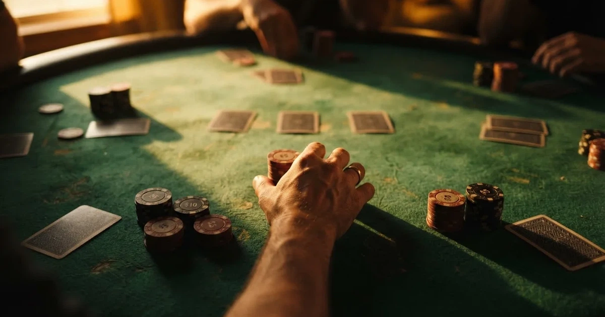 Mesa de jogo iluminada com cartas, vista de cima — jogar no casino em portugal