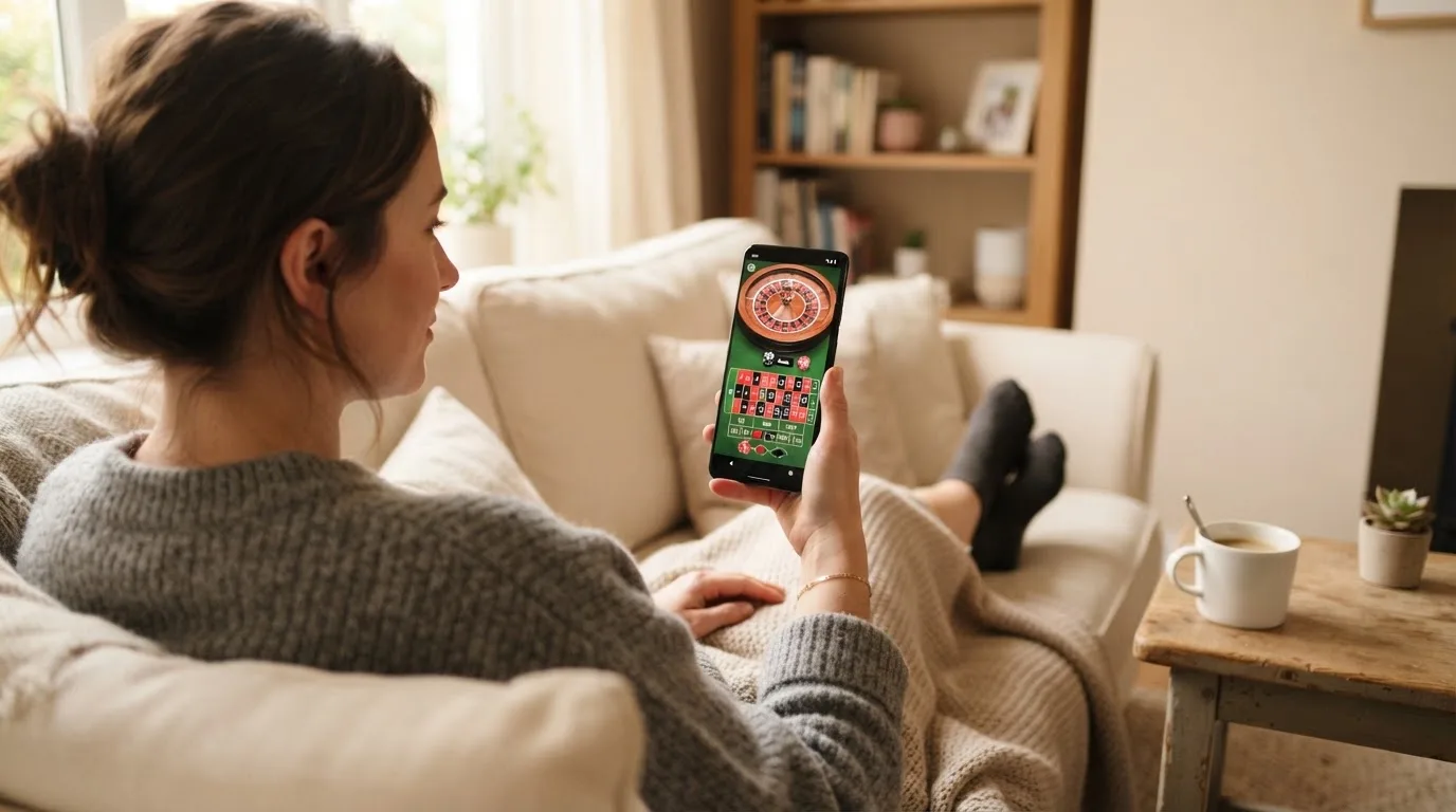 Mulher sentada num sofá a jogar roleta no telemóvel, com uma chávena de café na mesa e luz natural a entrar pela janela.