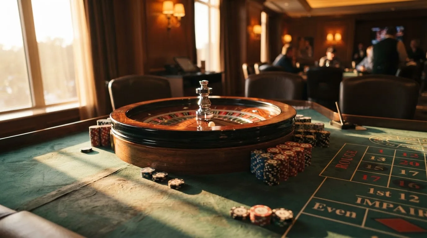 Roda de roleta e fichas sobre feltro verde, sob uma luz quente de fim de tarde — jogo de craps em portugal