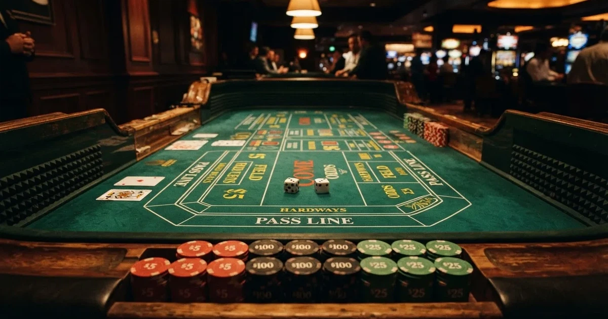 Mesa de jogo iluminada com cartas, vista de cima — jogo de craps em portugal