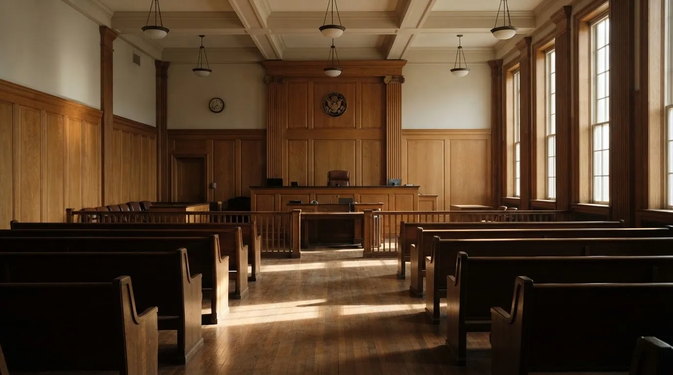Sala de tribunal vazia com painéis de madeira, à luz da manhã — jogos de caça-níqueis em portugal
