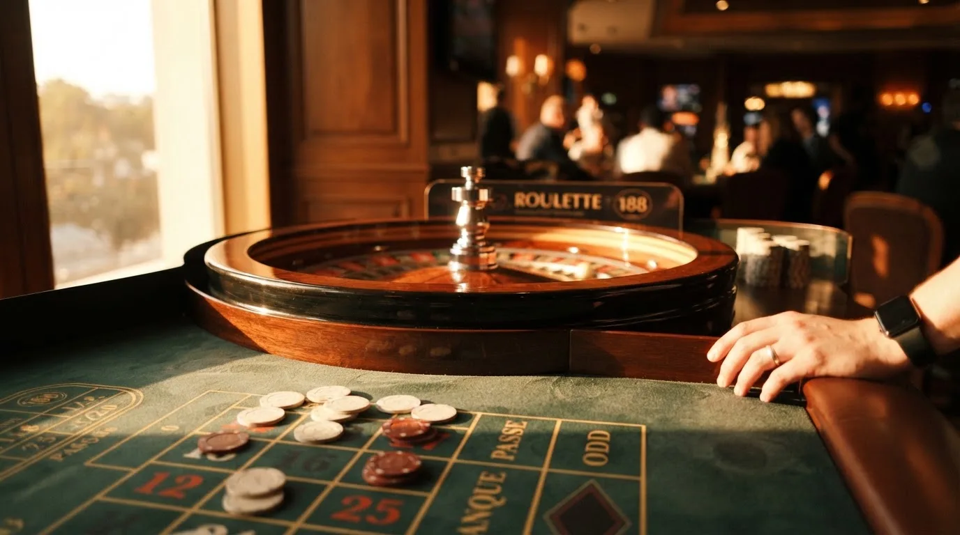 Roda de roleta e fichas sobre feltro verde, sob uma luz quente de fim de tarde — jogos de casino em portugal