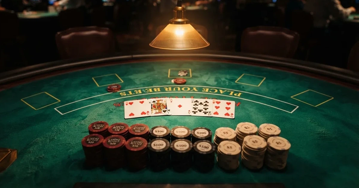 Mesa de jogo iluminada com cartas, vista de cima — jogos de casino em portugal