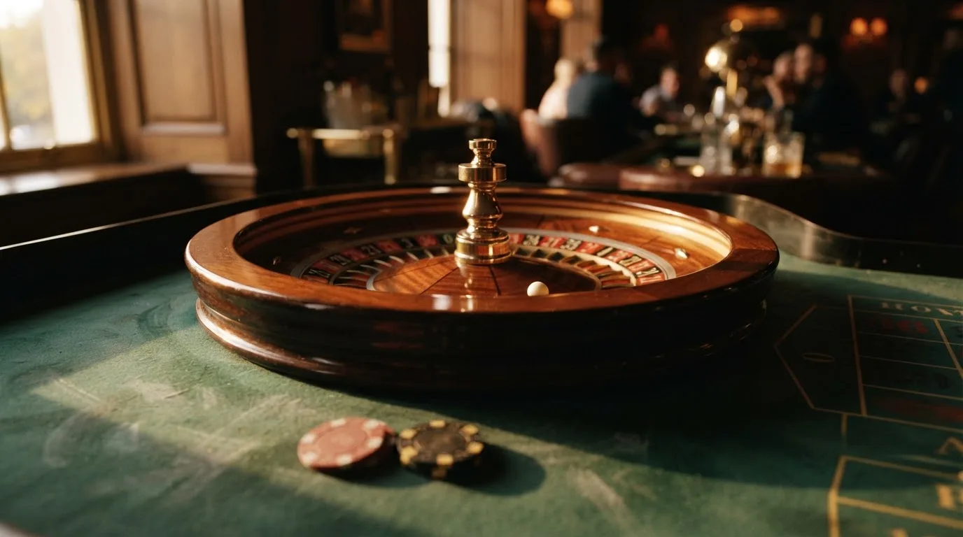 Roda de roleta e fichas sobre feltro verde, sob uma luz quente de fim de tarde — jogos de casino grátis pt