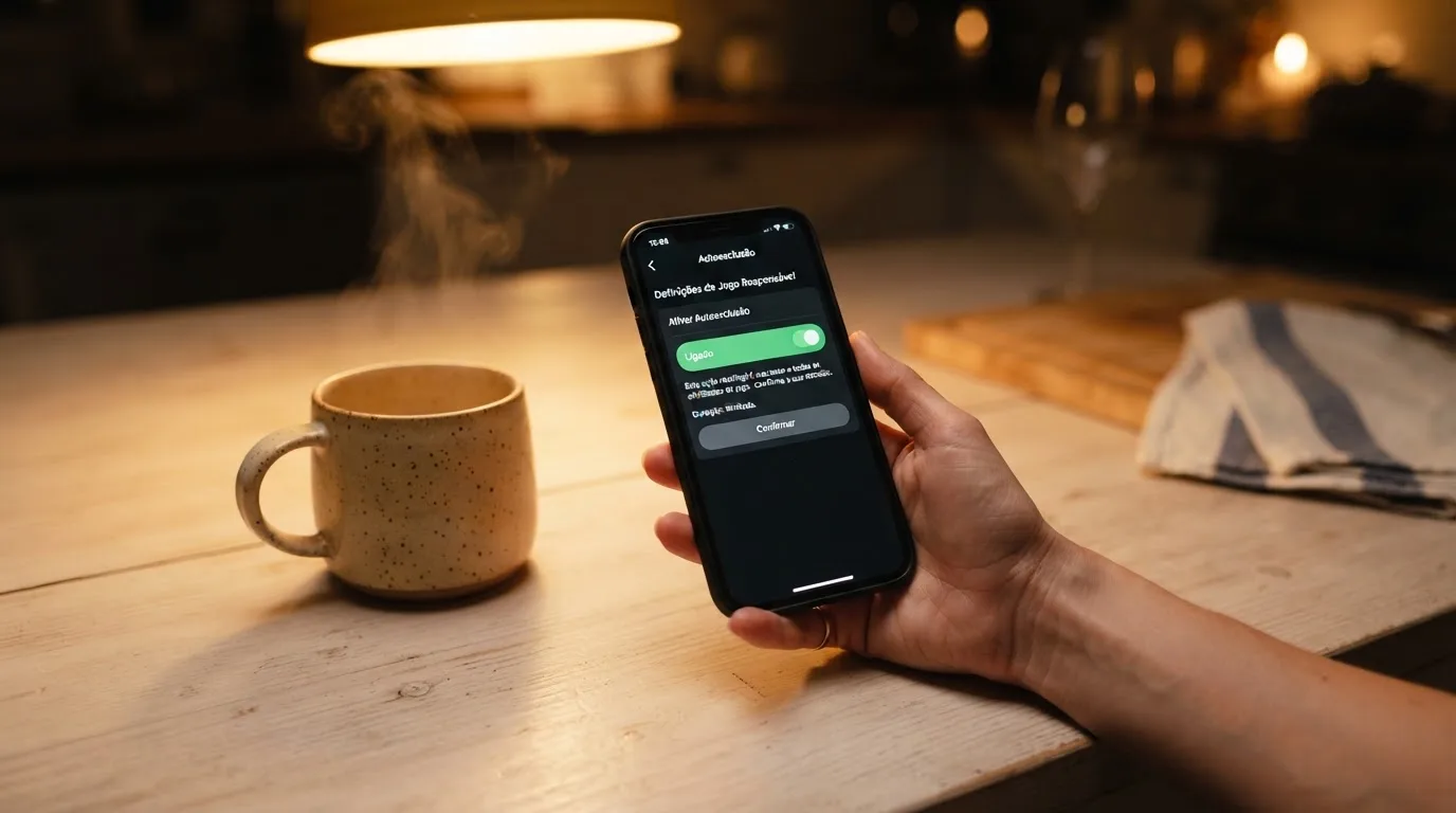 Mão a segurar um telemóvel ao lado de uma chávena de chá numa mesa de cozinha, numa noite tranquila — jogos de casino online pt