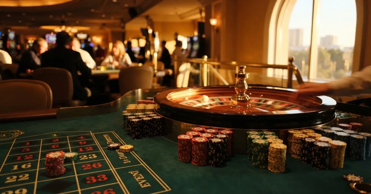 Roda de roleta e fichas sobre feltro verde, sob uma luz quente de fim de tarde — jogos de cassino em portugal