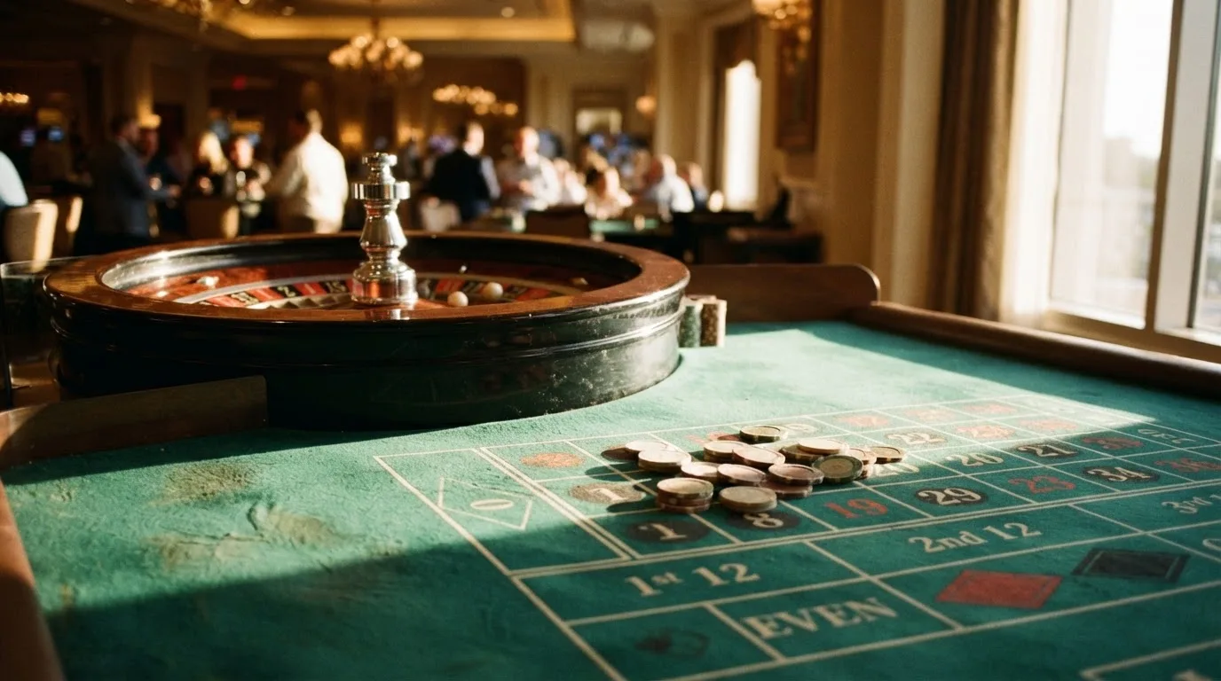 Roda de roleta e fichas sobre feltro verde, sob uma luz quente de fim de tarde — jogos de roleta em casino pt
