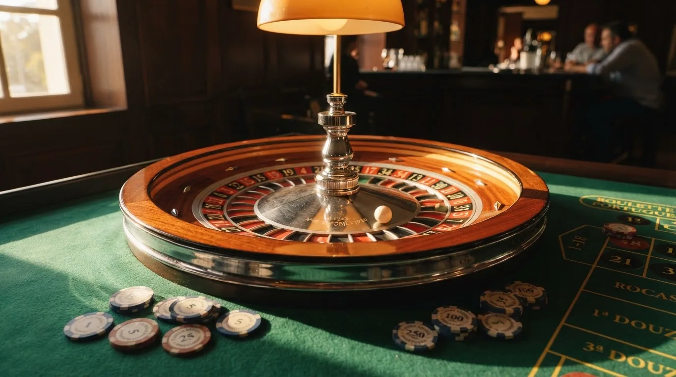 Roda de roleta e fichas sobre feltro verde, sob uma luz quente de fim de tarde — jogos de slots em portugal