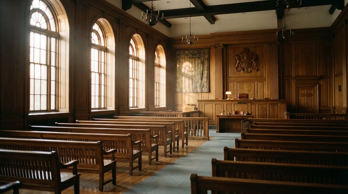 Sala de tribunal vazia com painéis de madeira, à luz da manhã — keno em cassino pt