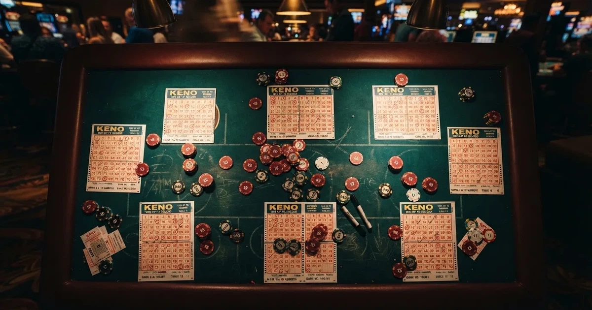 Mesa de jogo iluminada com cartas, vista de cima — keno em cassino pt