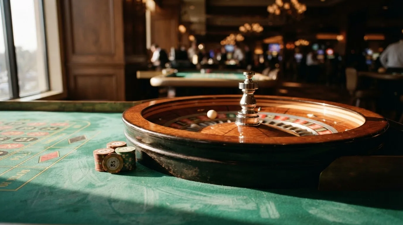 Roda de roleta e fichas sobre feltro verde, sob uma luz quente de fim de tarde — live casinos em portugal