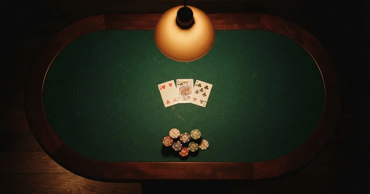 Mesa de jogo iluminada com cartas, vista de cima — live casinos em portugal