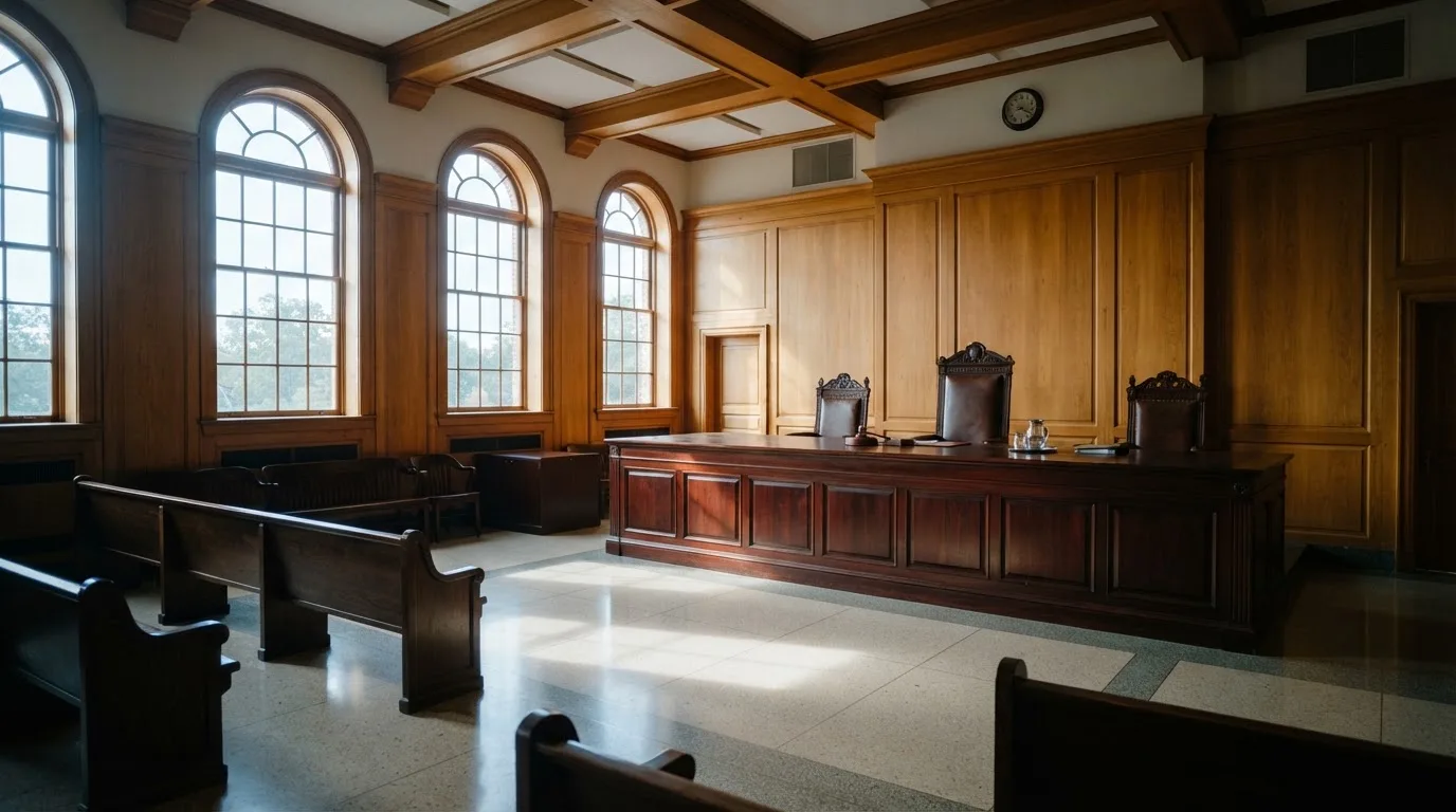 Sala de tribunal vazia com painéis de madeira, à luz da manhã — máquinas de casino em portugal
