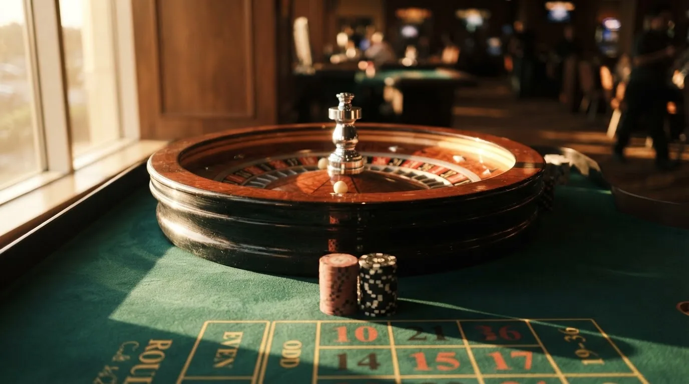 Roda de roleta e fichas sobre feltro verde, sob uma luz quente de fim de tarde — máquinas de casino em portugal