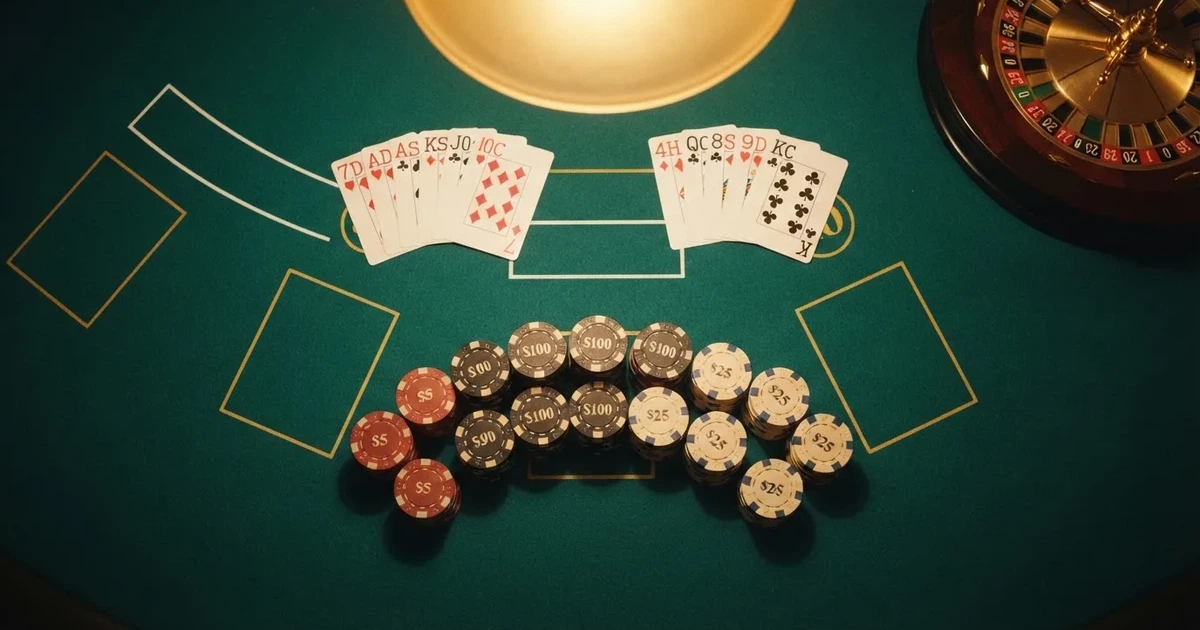 Mesa de jogo iluminada com cartas, vista de cima — máquinas de casino em portugal
