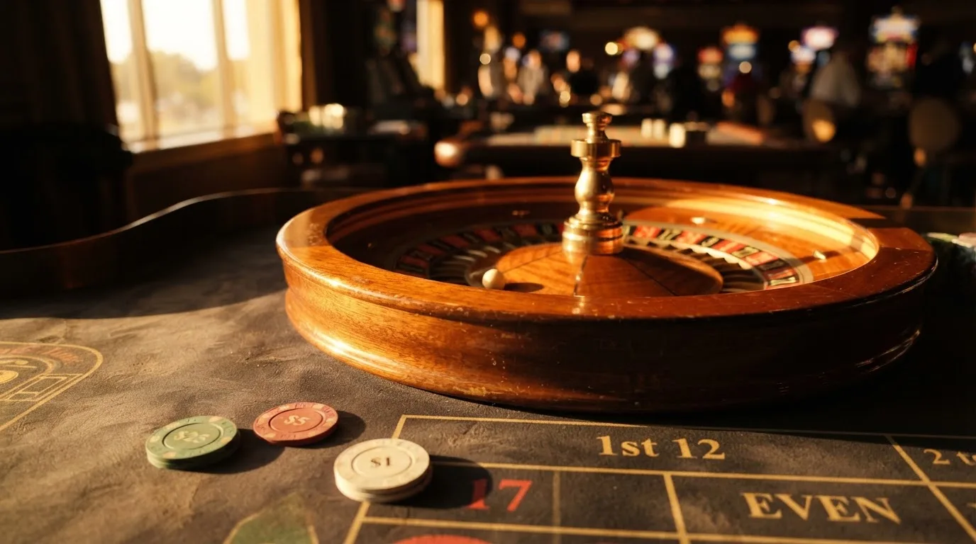 Roda de roleta e fichas sobre feltro verde, sob uma luz quente de fim de tarde — melhor blackjack em portugal
