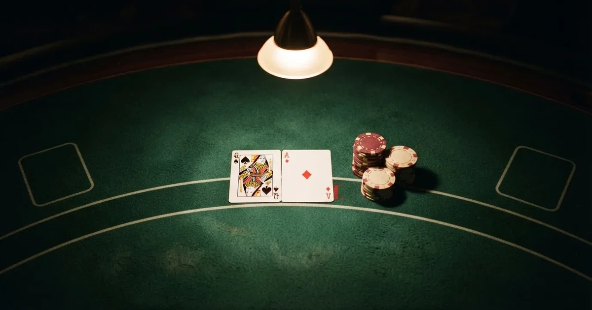 Mesa de jogo iluminada com cartas, vista de cima — melhor blackjack em portugal