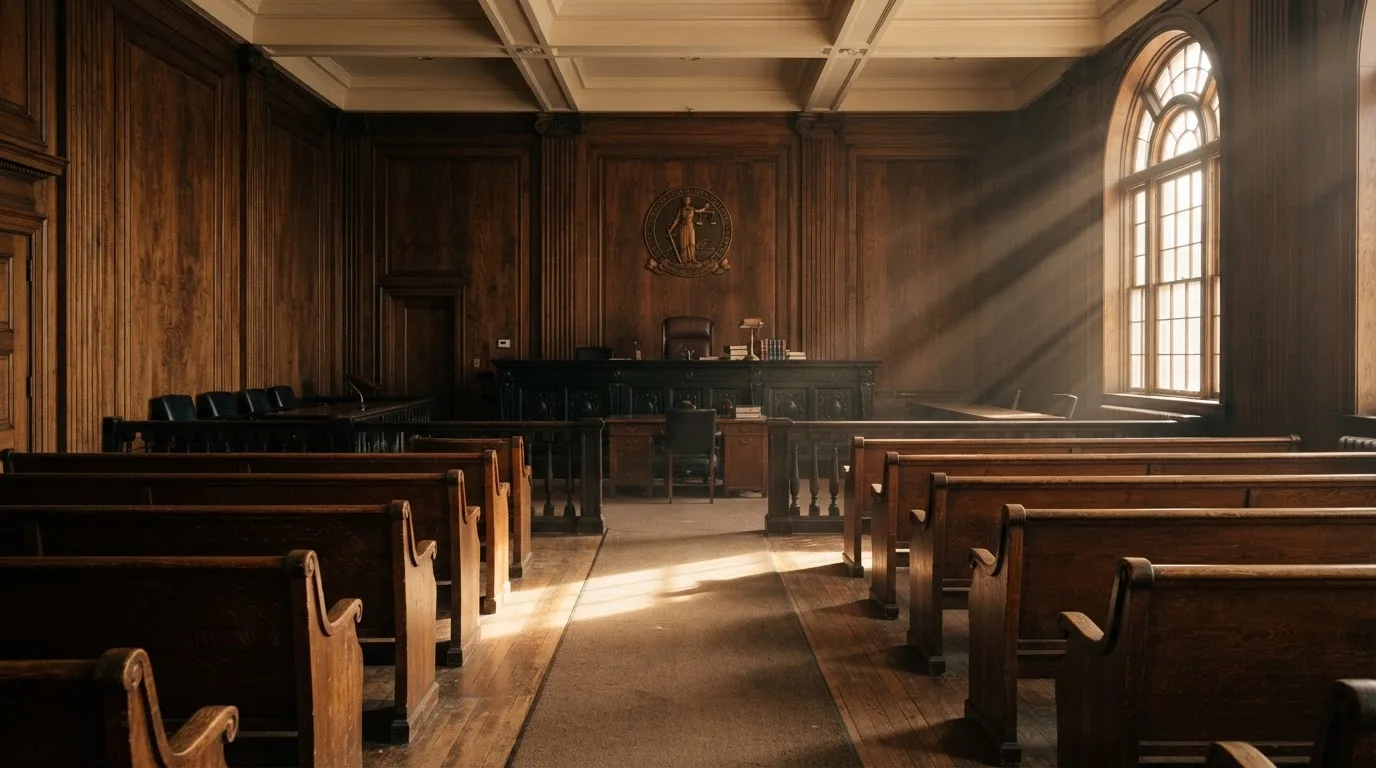 Sala de tribunal vazia com painéis de madeira, à luz da manhã — melhor roleta em portugal