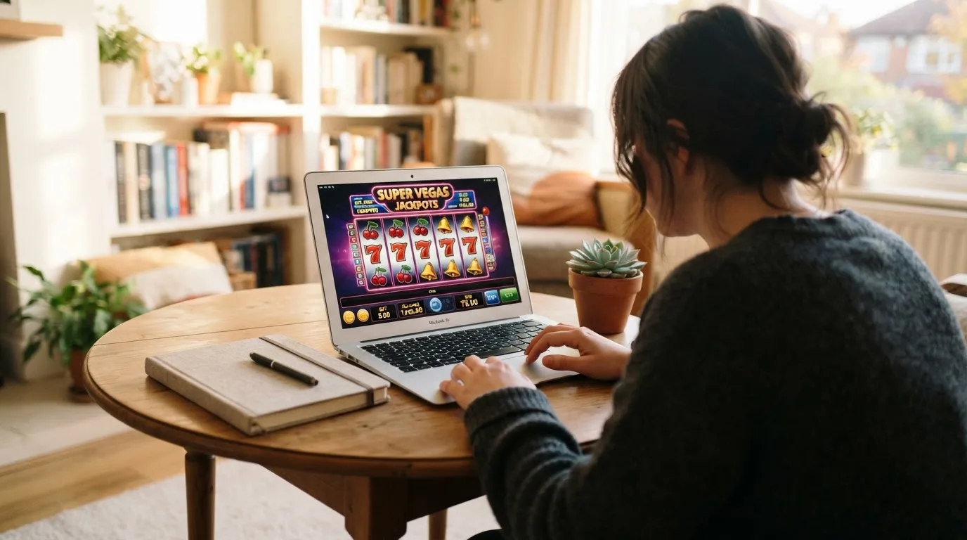 Pessoa a explorar um casino online no portátil numa mesa de sala, com bloco de notas fechado e uma planta ao lado.