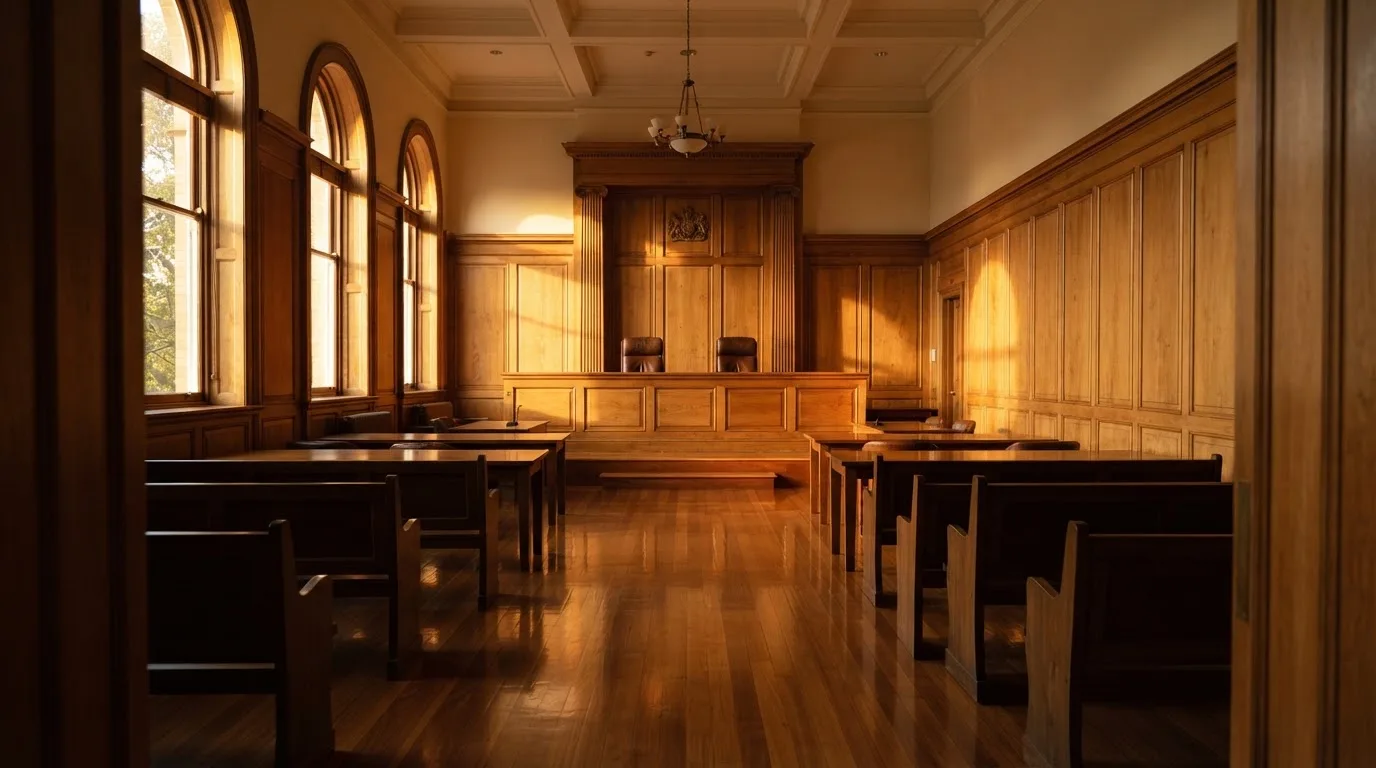 Sala de tribunal vazia com painéis de madeira, à luz da manhã — melhores cassinos em portugal