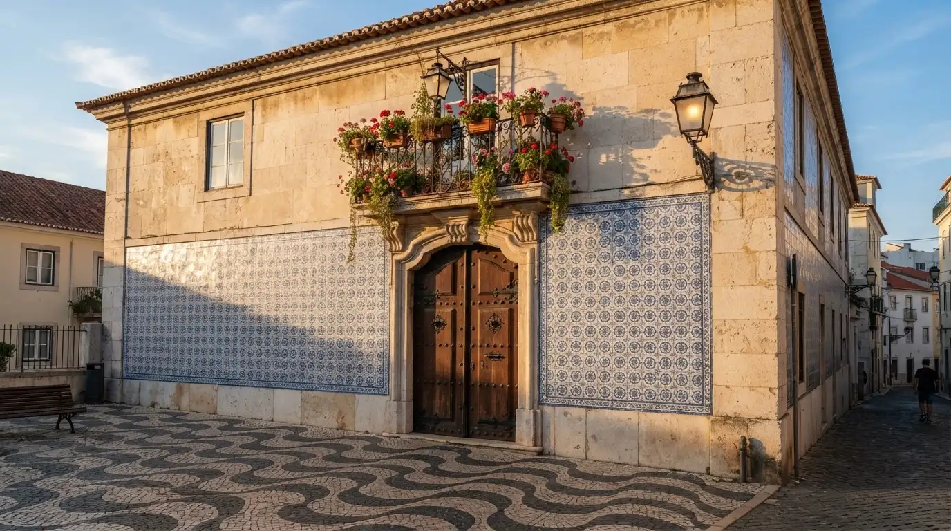 Fachada de um edifício oficial lisboeta com azulejos e portas altas, rua em calçada portuguesa e um candeeiro antigo.