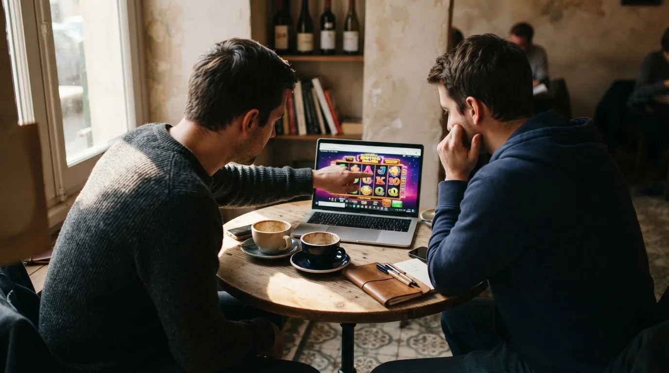 Duas pessoas a comparar opções à mesa de um café, com portátil aberto e dois cafés, luz natural de janela.
