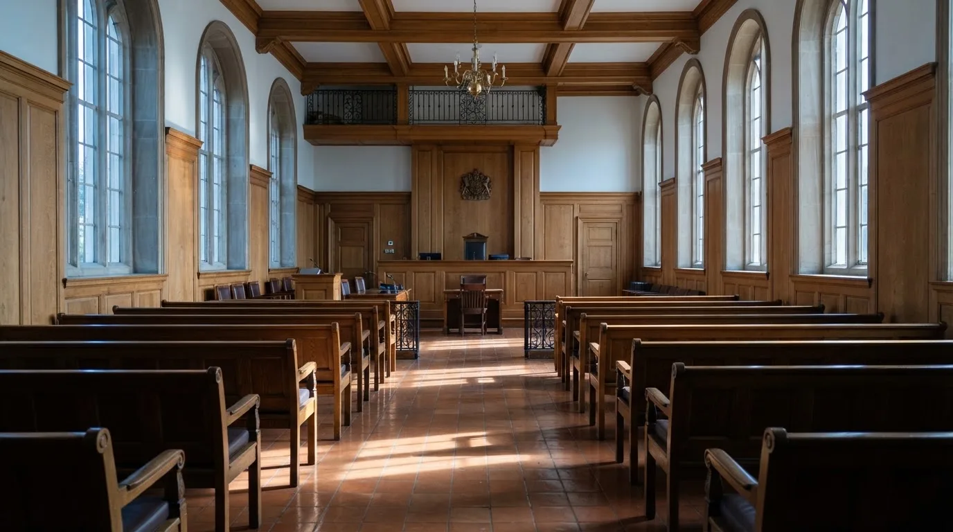 Sala de tribunal vazia com painéis de madeira, à luz da manhã — mesas de casino em portugal