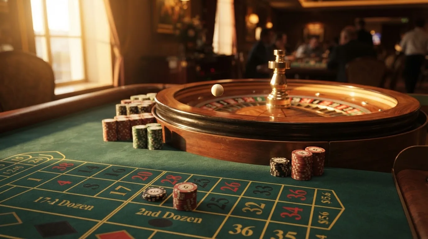 Roda de roleta e fichas sobre feltro verde, sob uma luz quente de fim de tarde — mesas de casino em portugal