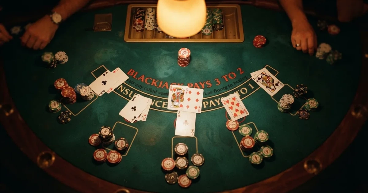 Mesa de jogo iluminada com cartas, vista de cima — mesas de casino em portugal