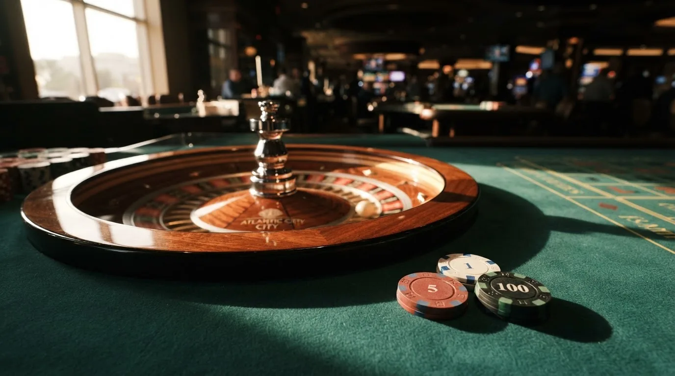 Roda de roleta e fichas sobre feltro verde, sob uma luz quente de fim de tarde — novo casino em portugal